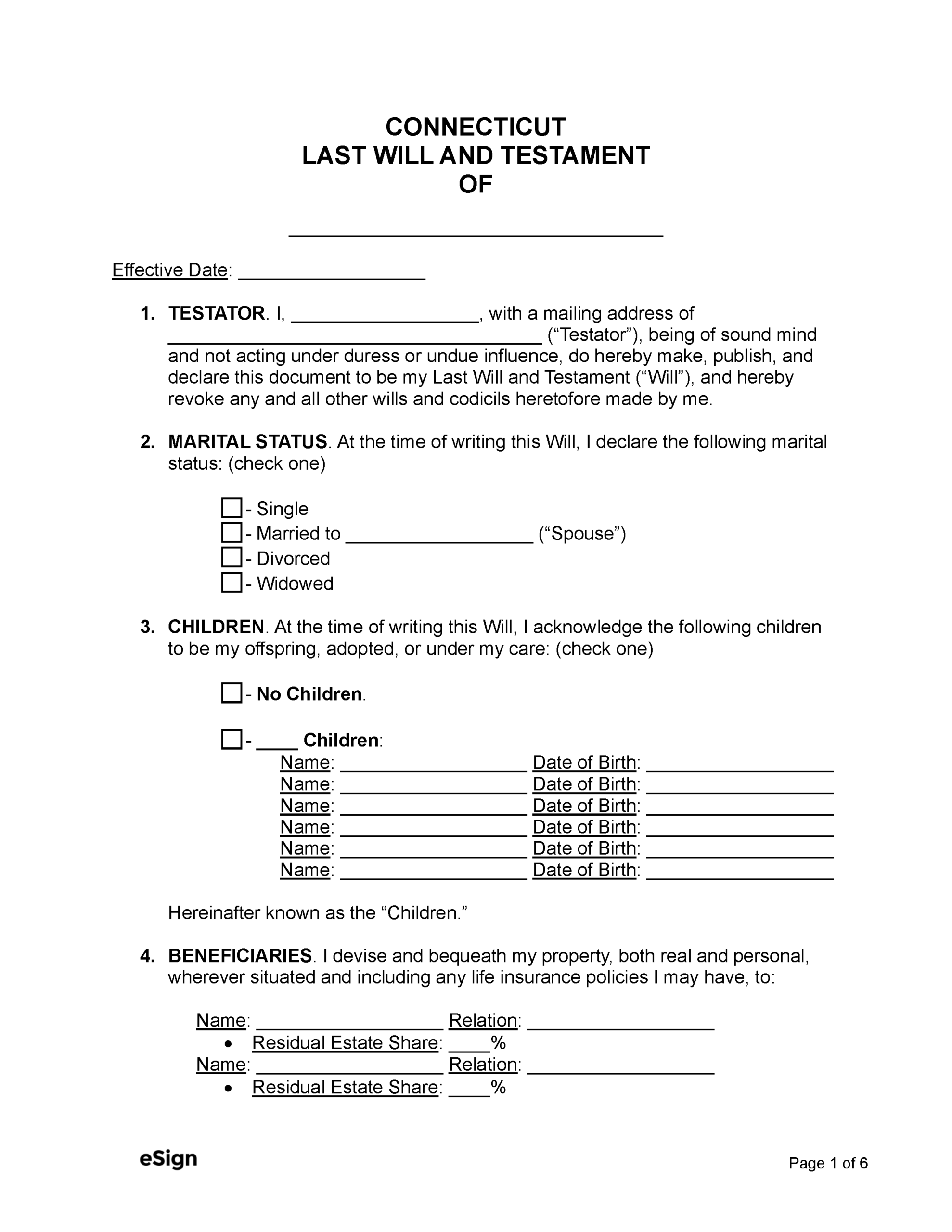 Free Connecticut Last Will And Testament Template PDF Word