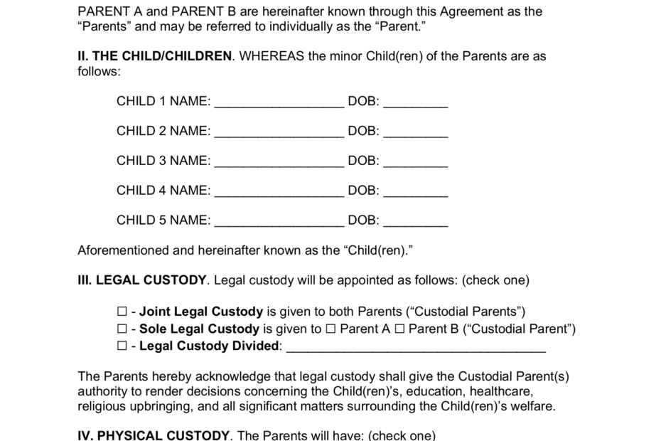 Free Custody Parenting Plan Agreement Template PDF Word EForms