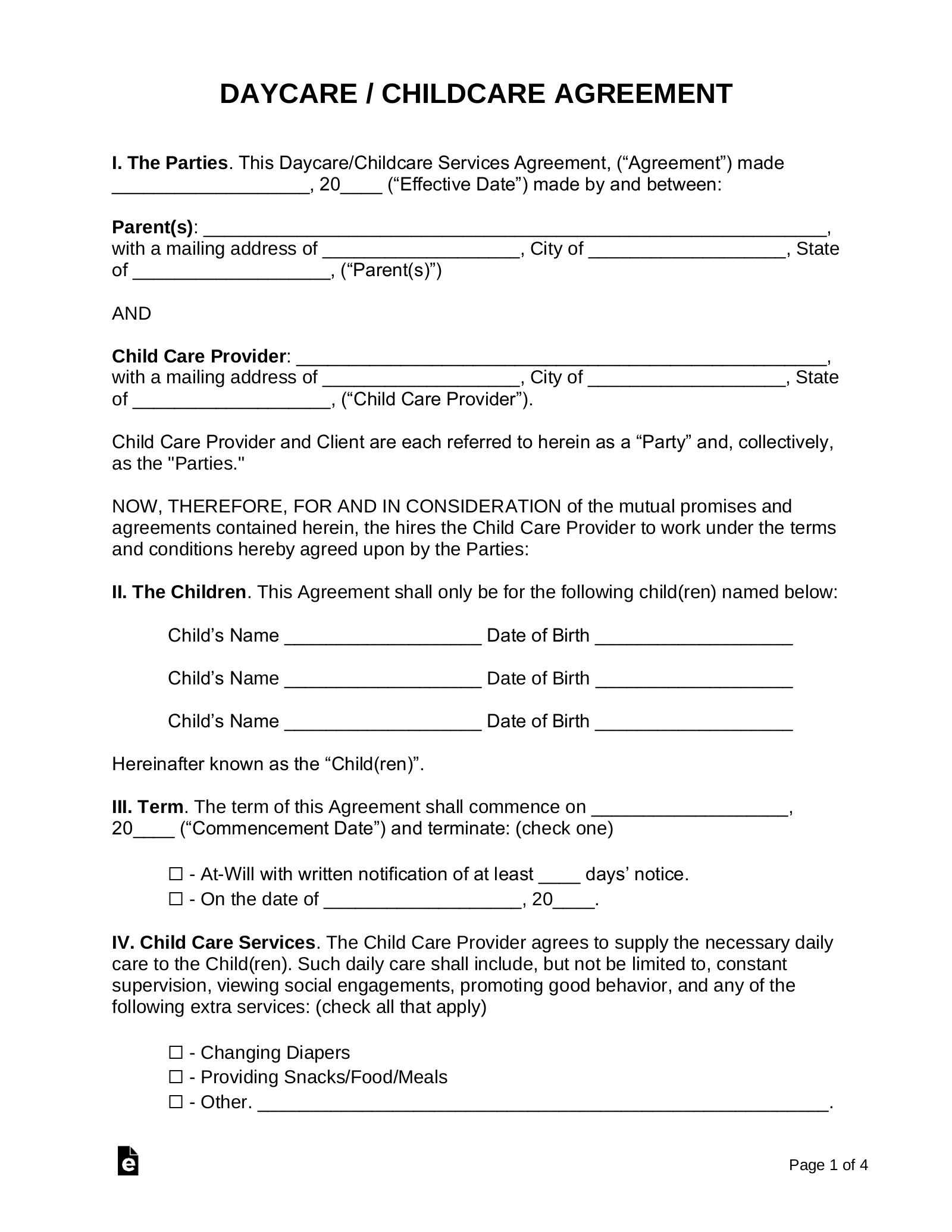 Free Daycare Child Care Contract Template PDF Word EForms