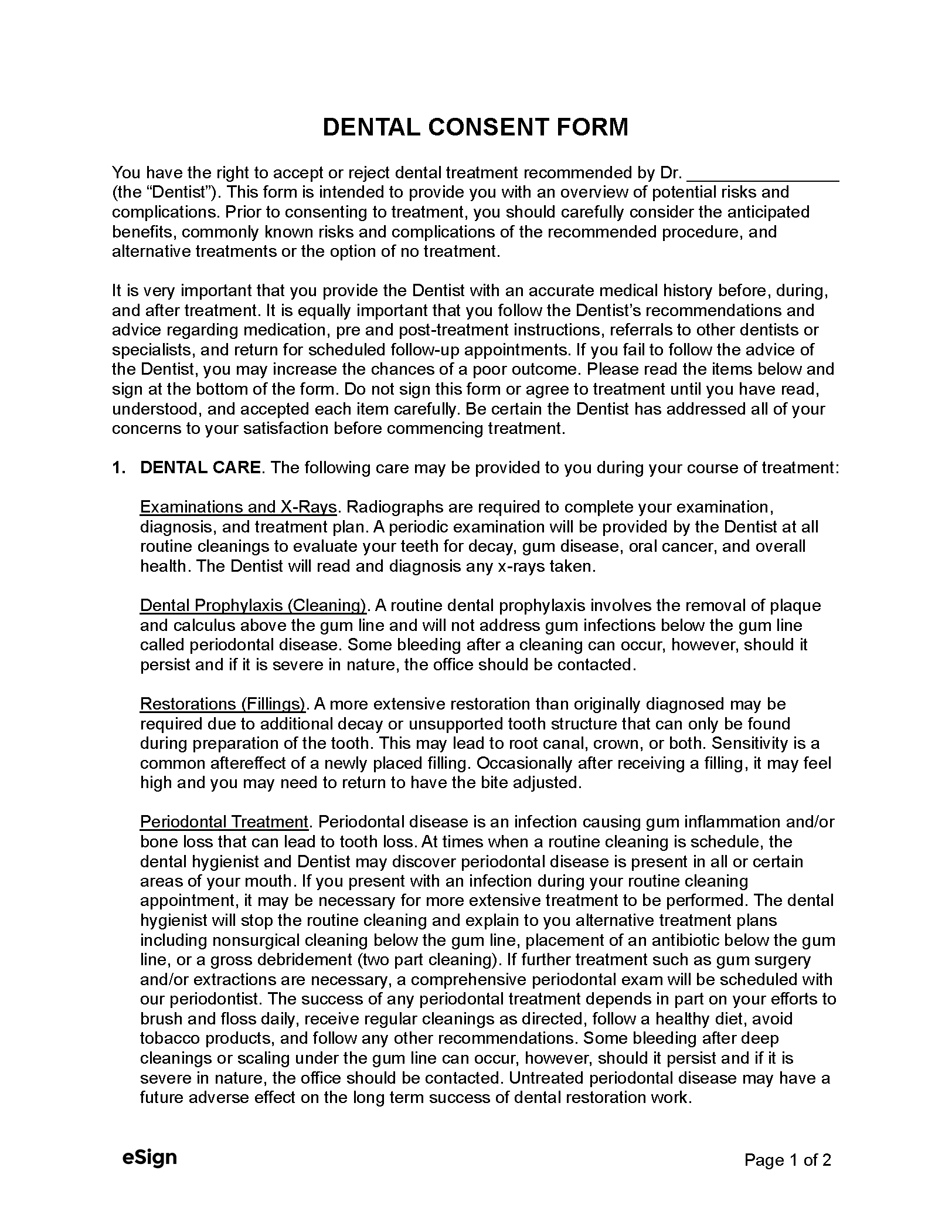 Free Dental Consent Forms PDF Word