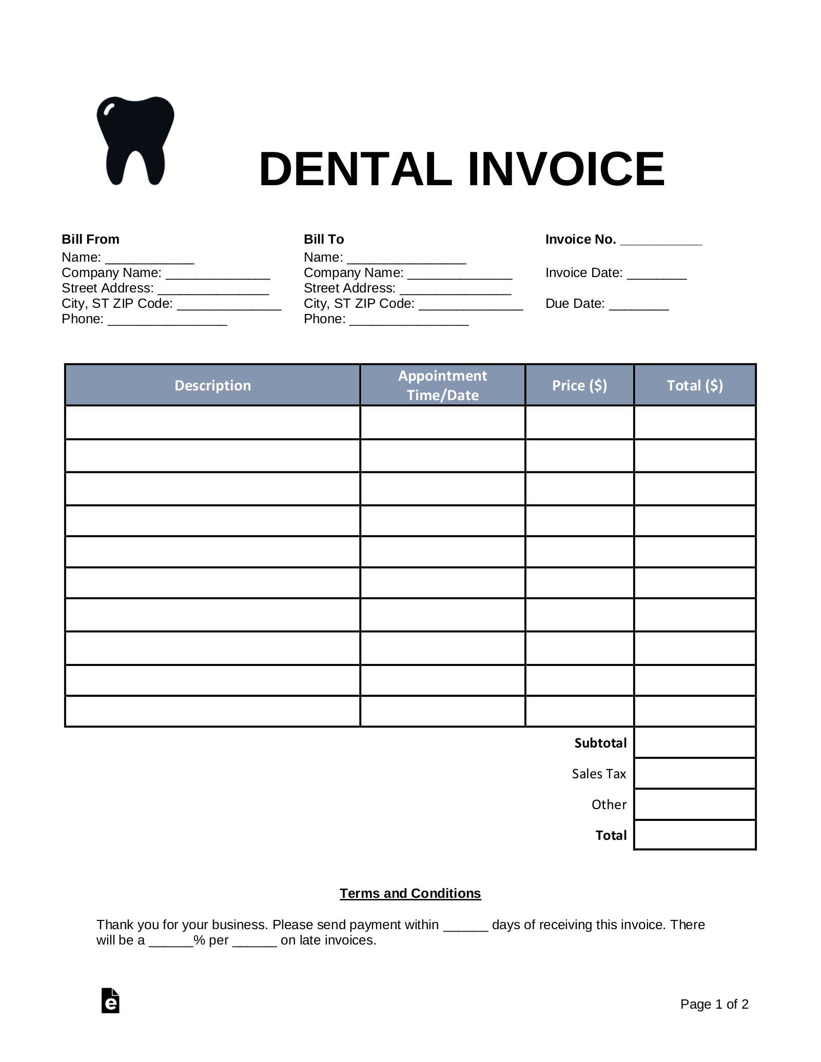 Free Dental Invoice Template PDF Word EForms