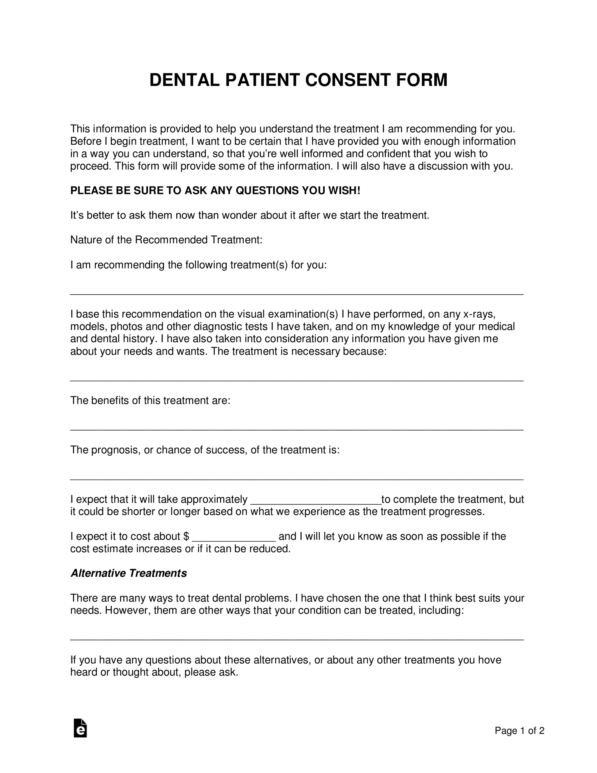 Free Dental Patient Consent Form PDF Word EForms
