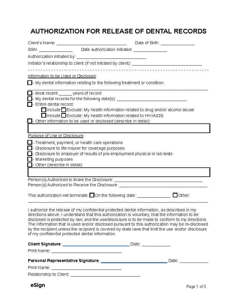 Free Dental Records Release Form HIPAA PDF Word