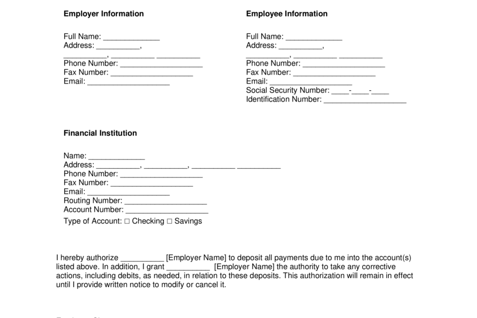 Free Direct Deposit Authorization Form PDF U0026 Word