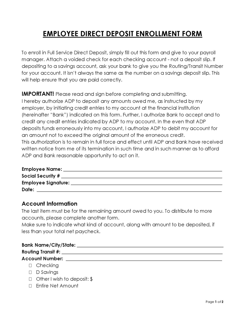 Free Direct Deposit Authorization Forms PDF
