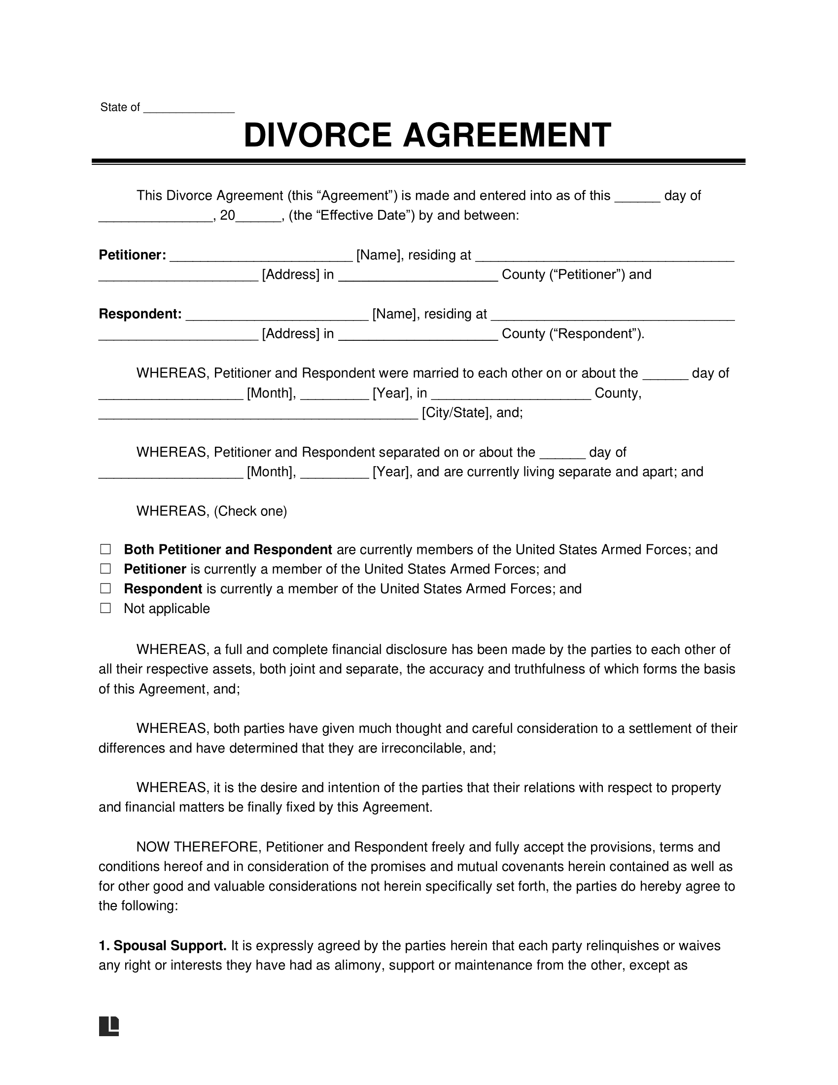 Free Divorce Agreement Template PDF U0026 Word