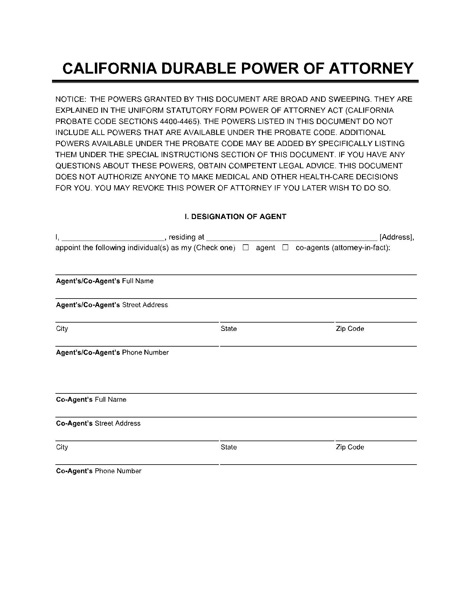 Free Durable California Power Of Attorney Forms PDF CocoSign