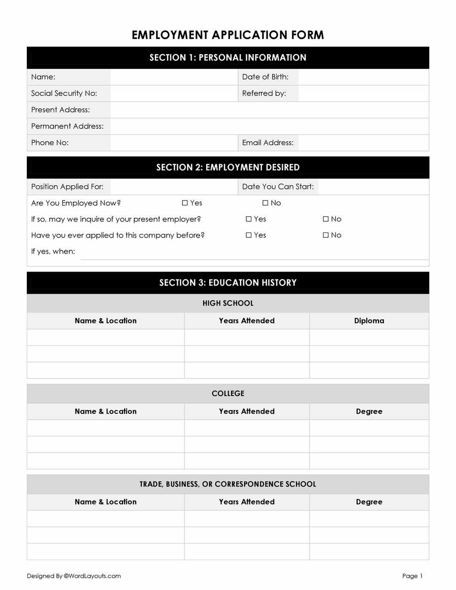 Free Employment Application Form Template WordLayouts