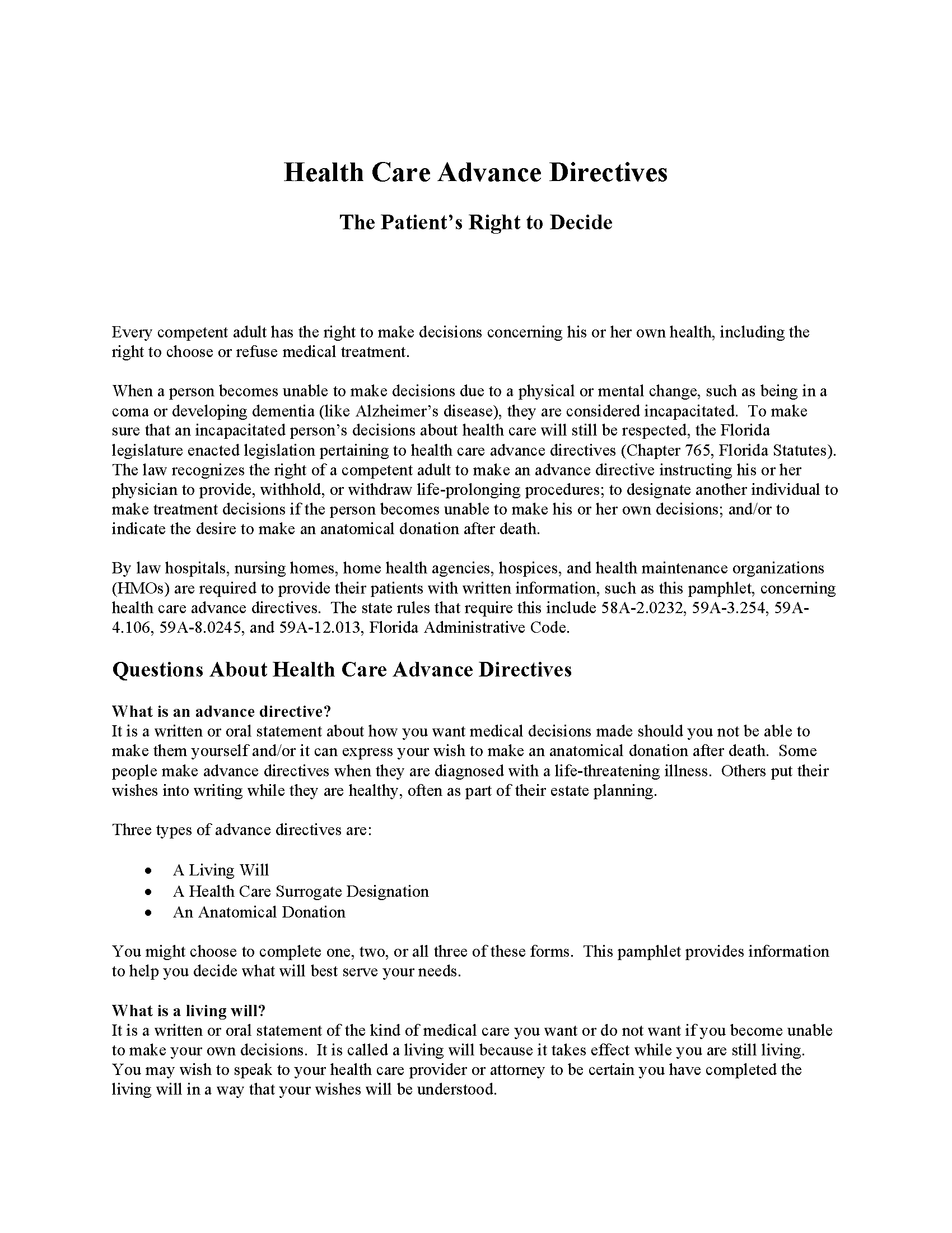 Free Florida Advance Directive Form Medical POA Living Will PDF