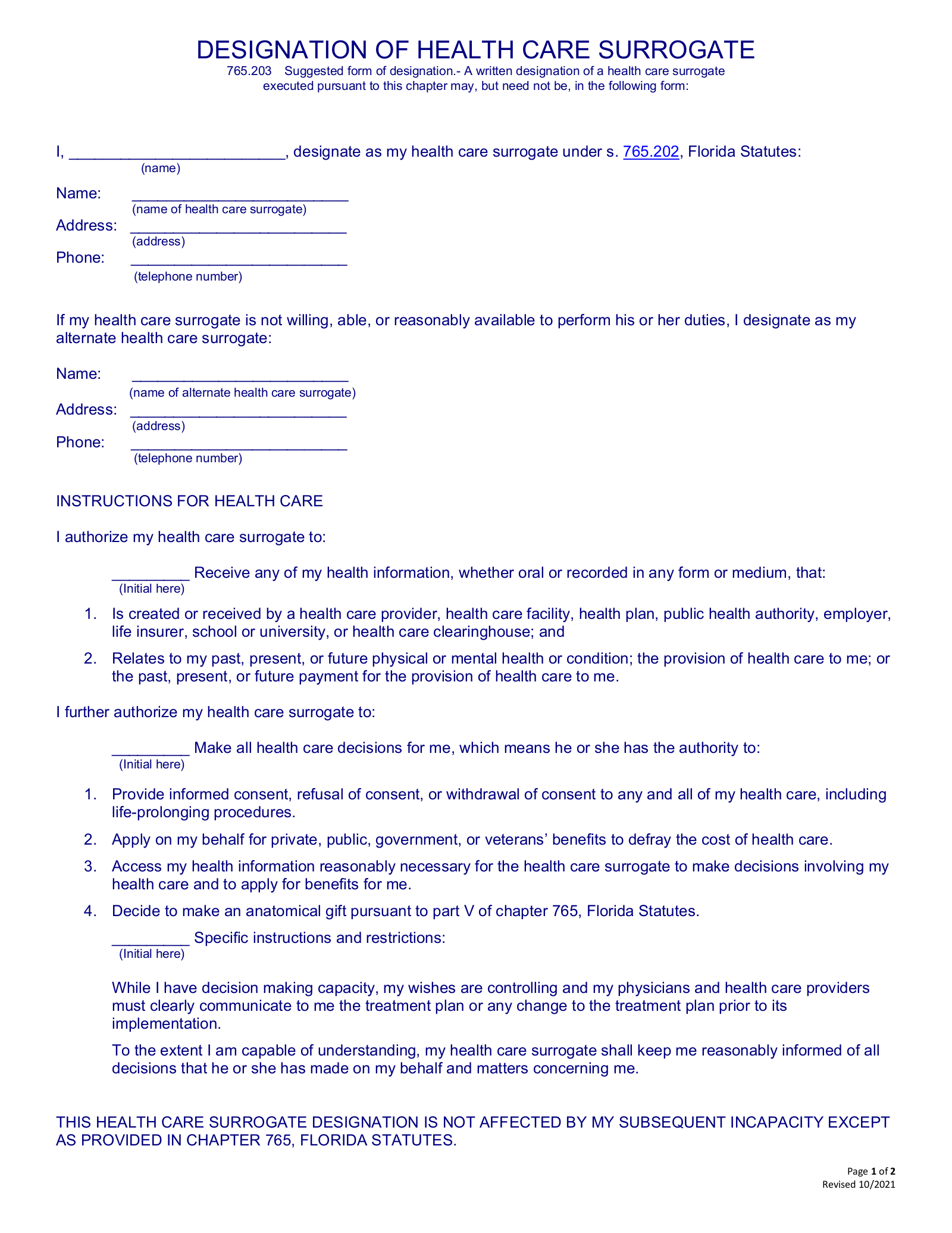 Free Florida Advance Directive Form PDF EForms