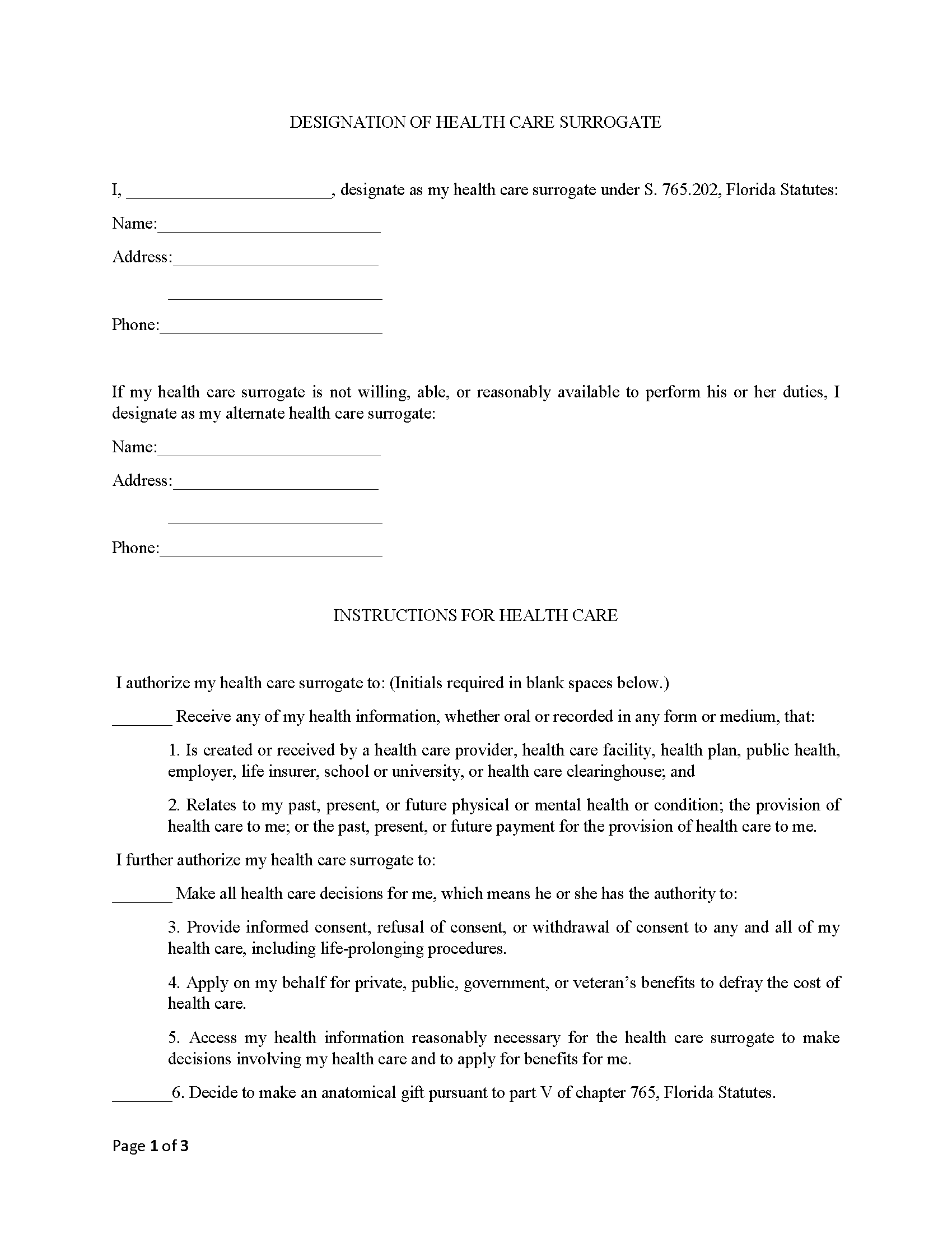 Free Florida Advance Directive Form PDF