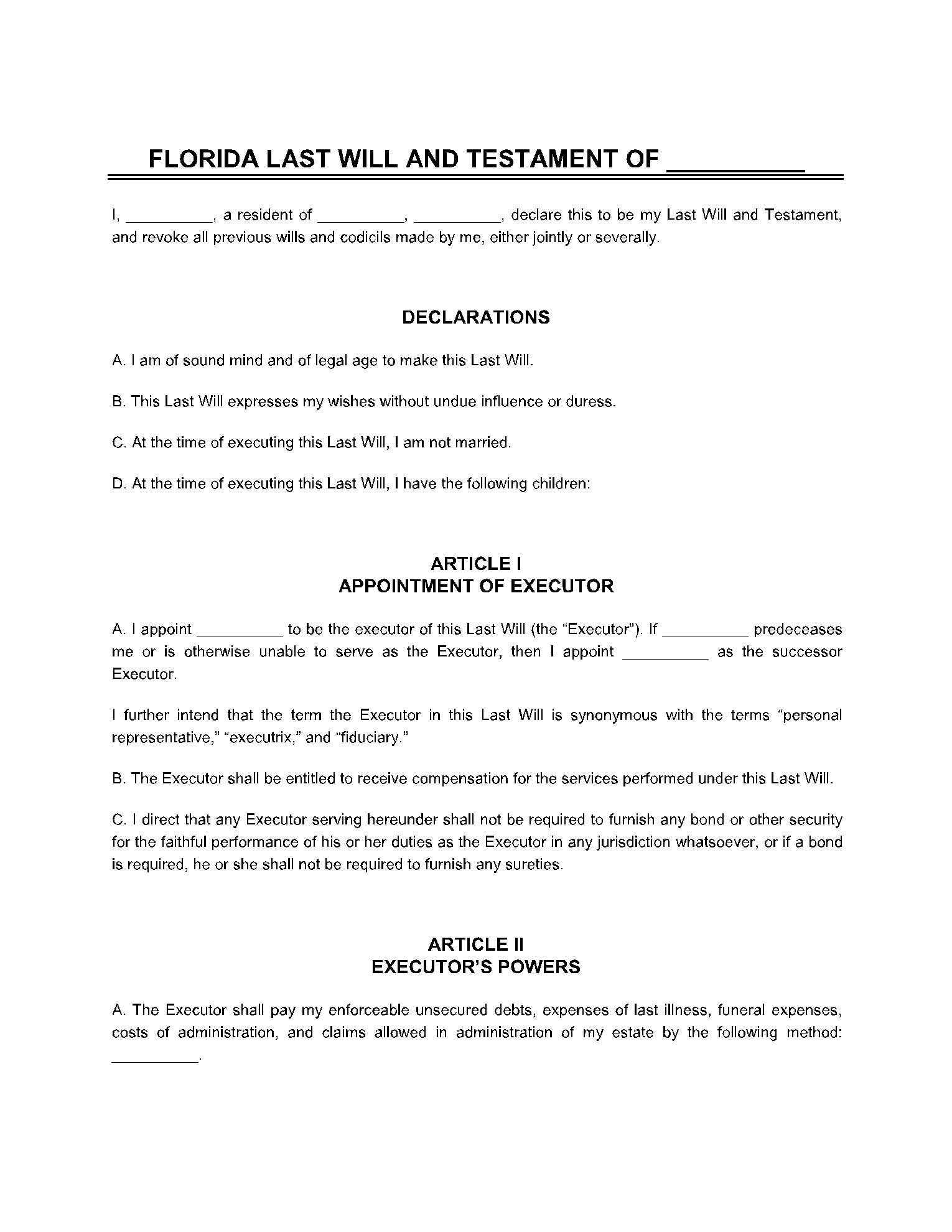 Free Florida Last Will And Testament Form CocoSign