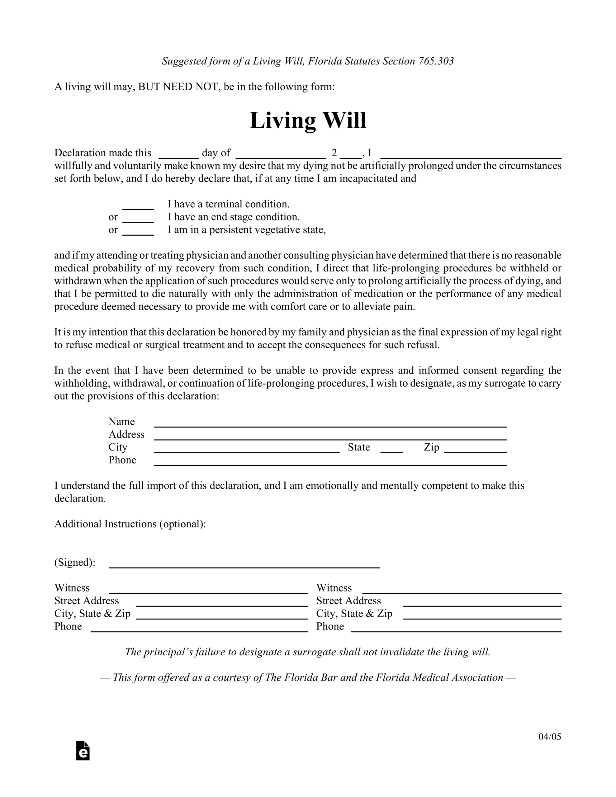 Free Florida Living Will Form Template PDF EForms
