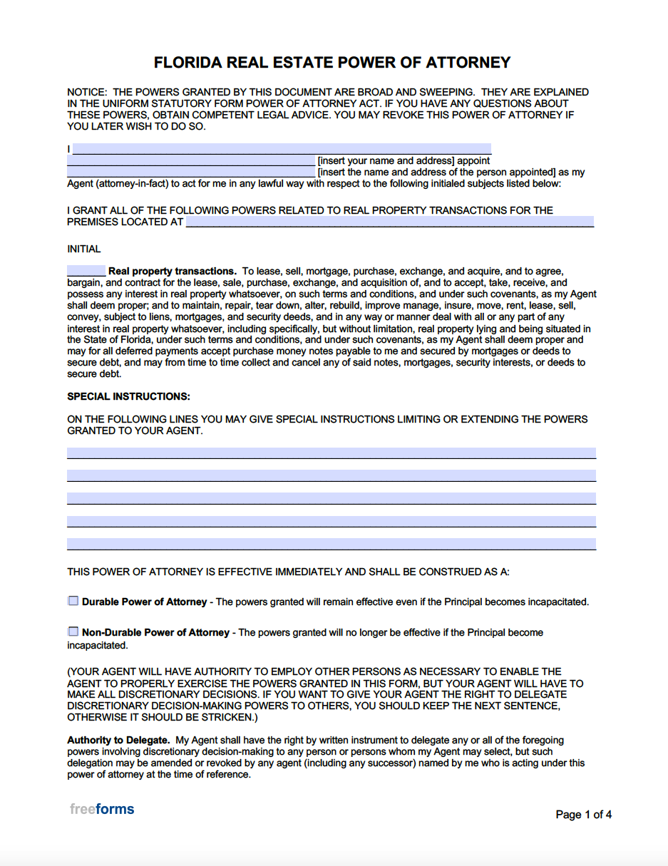 Free Florida Real Estate Power Of Attorney Form PDF Word