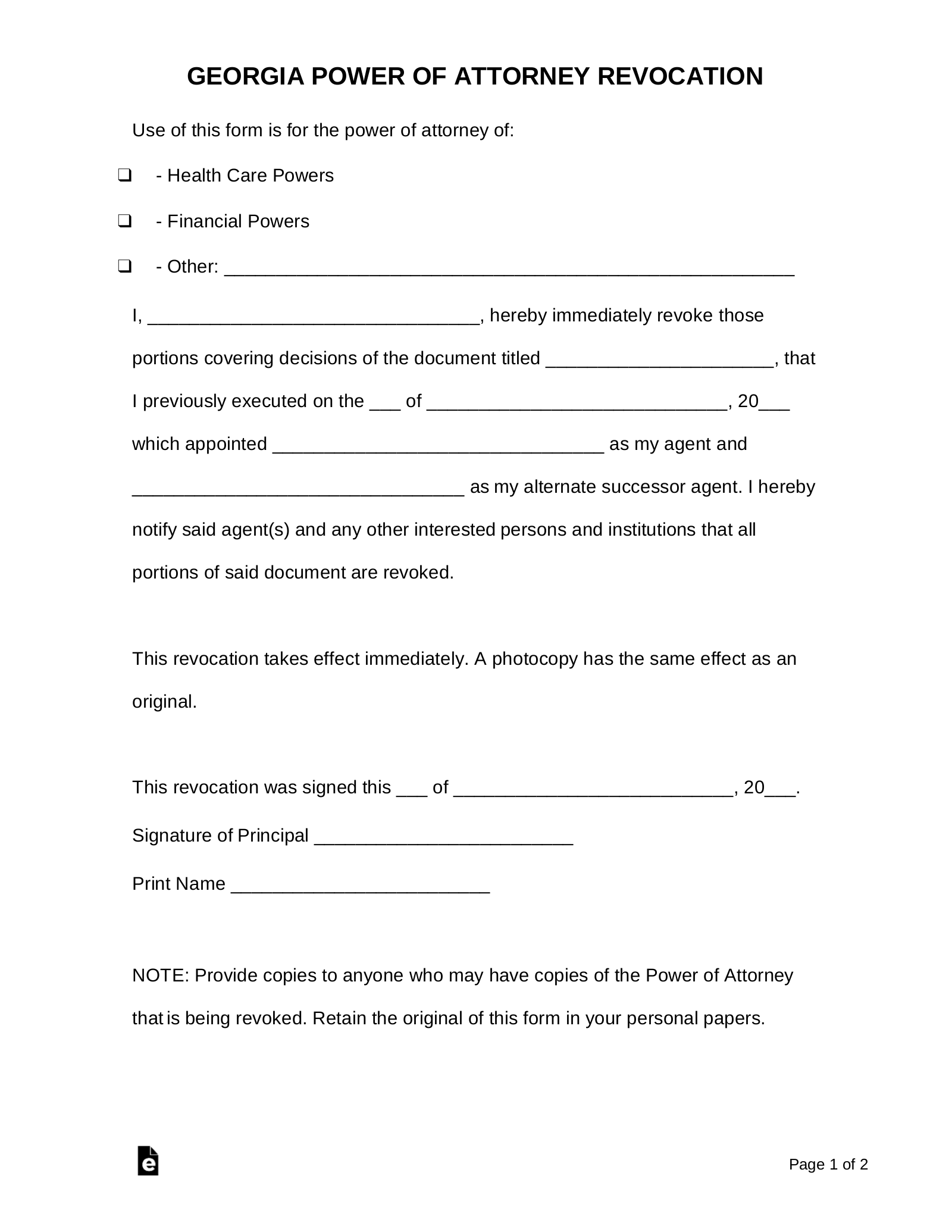Free Georgia Revocation Power Of Attorney Form PDF Word EForms
