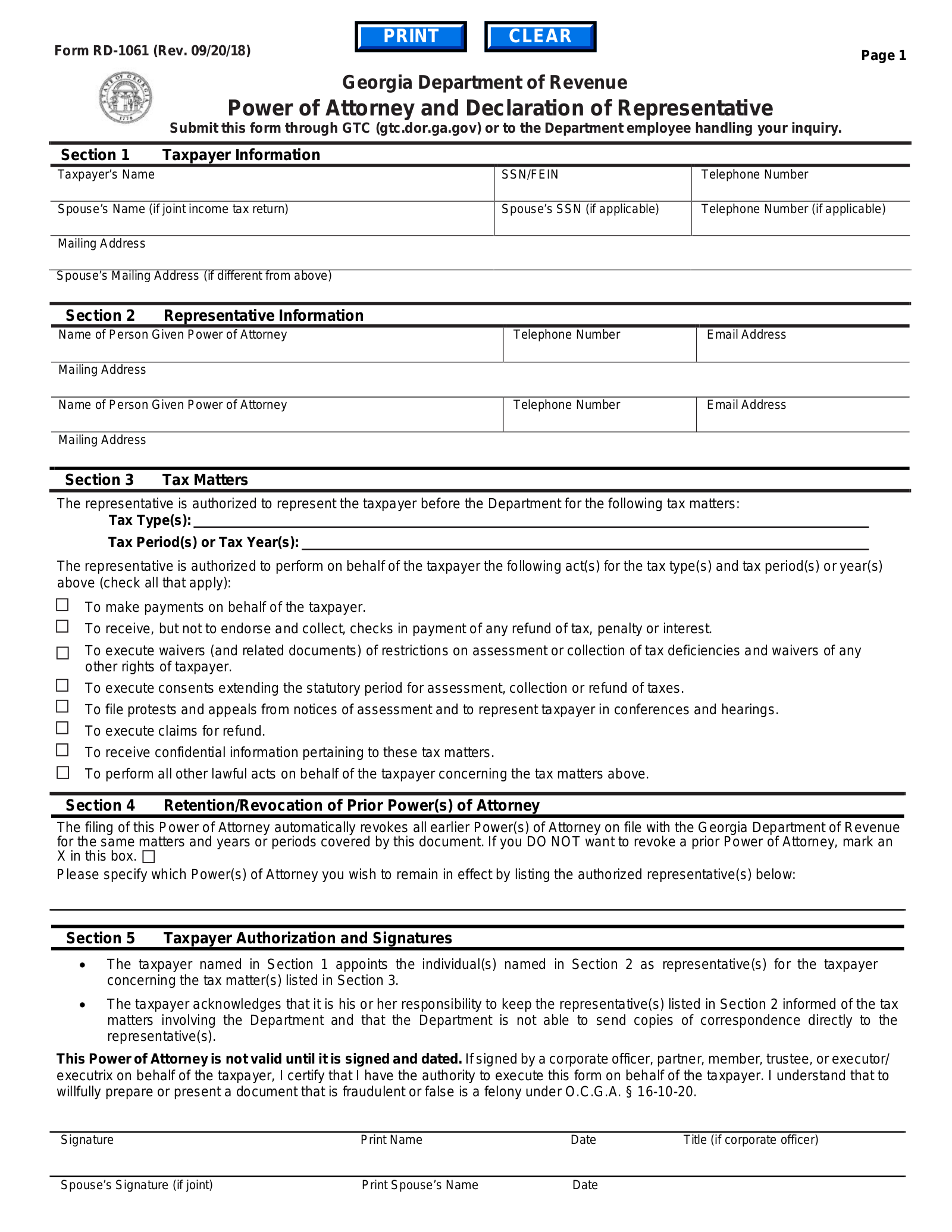 Free Georgia Tax Power Of Attorney Form RD 1061 PDF EForms