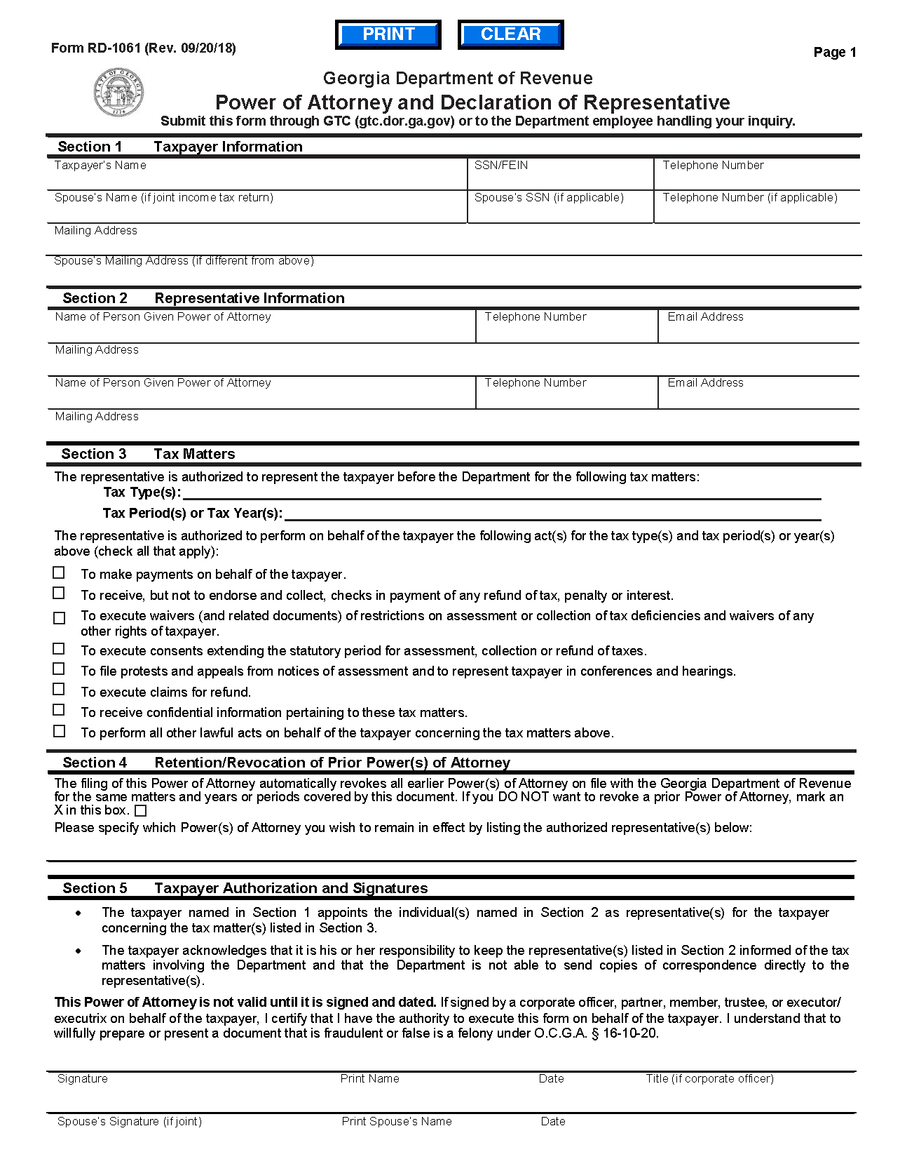 Free Georgia Tax Power Of Attorney Form RD 1061 PDF