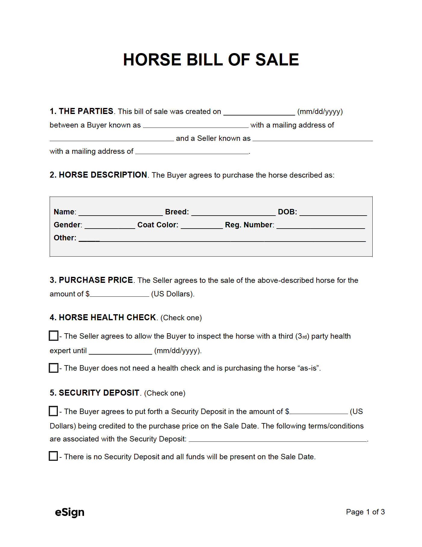 Free Horse Bill Of Sale Form PDF Word