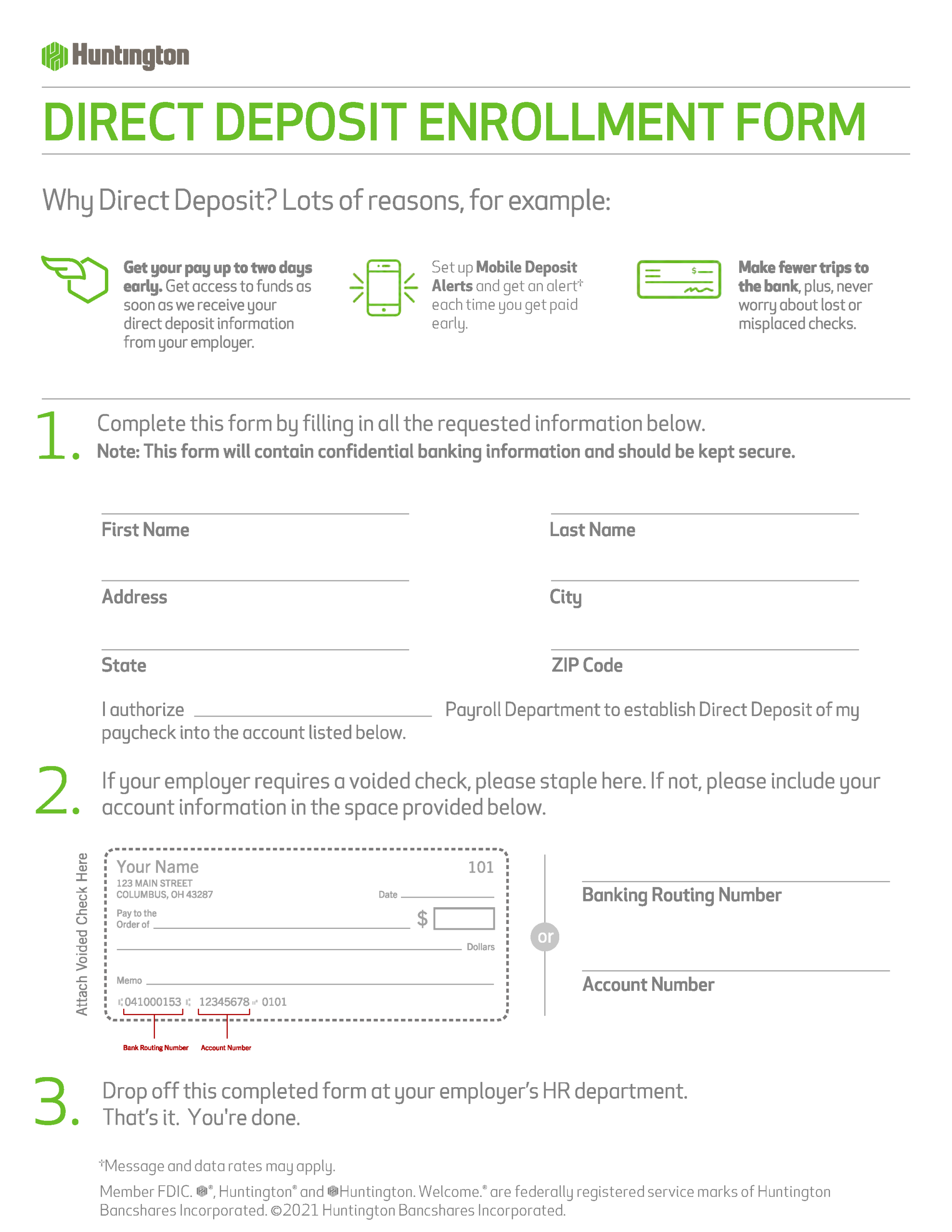 Free Huntington Bank Direct Deposit Authorization Form PDF