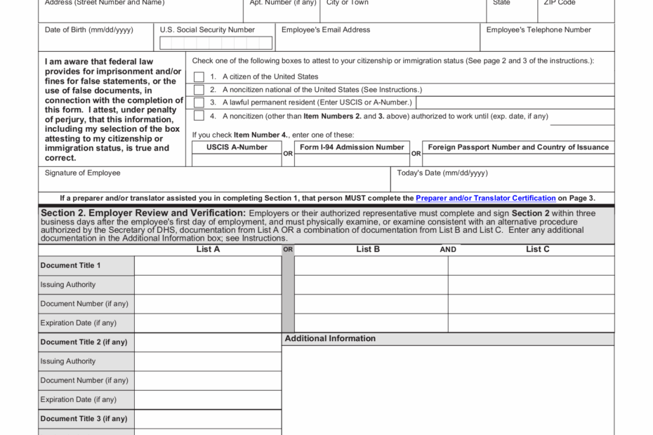 Free I 9 Form Employment Eligibility Verification PDF EForms