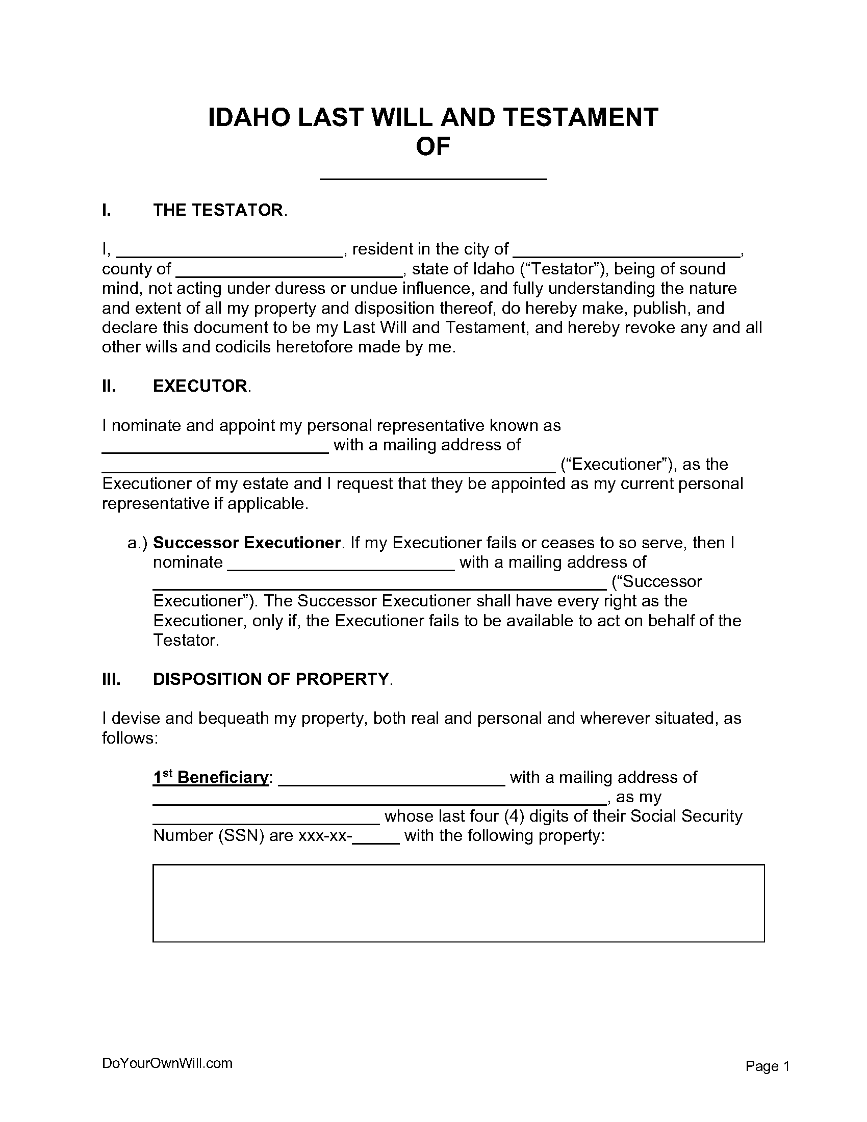 Free Idaho Last Will And Testament Form PDF WORD ODT