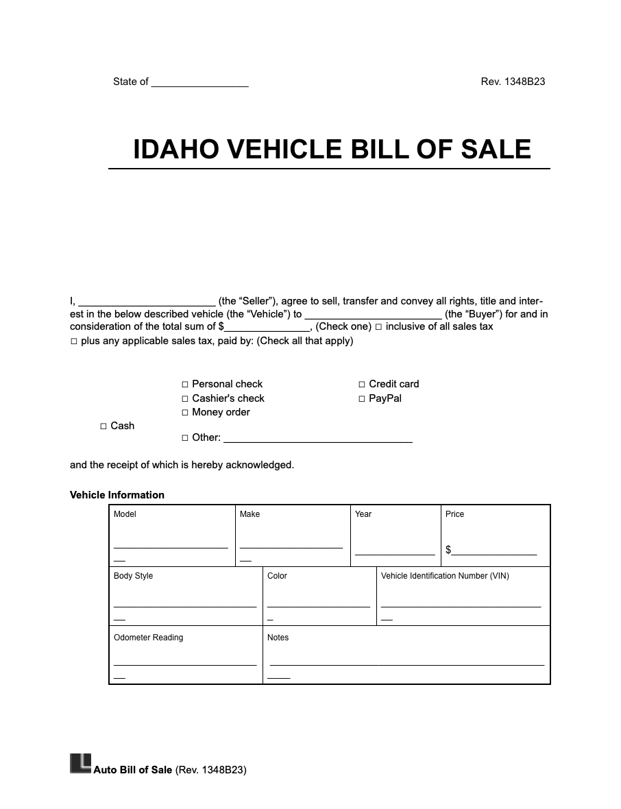 Free Idaho Motor Vehicle Bill Of Sale Form PDF U0026 Word