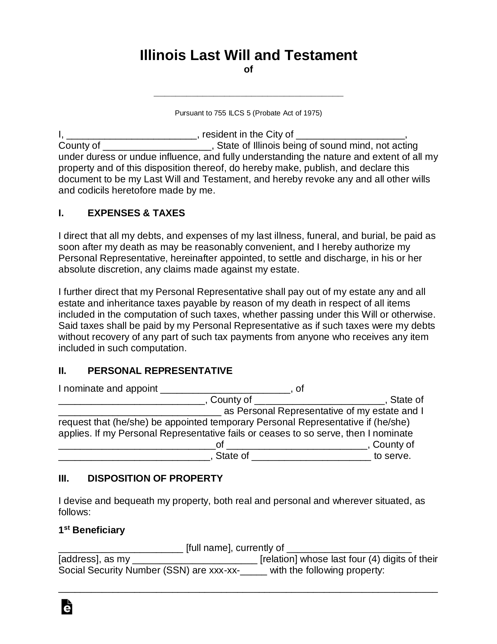 Free Illinois Last Will And Testament Template PDF Word EForms