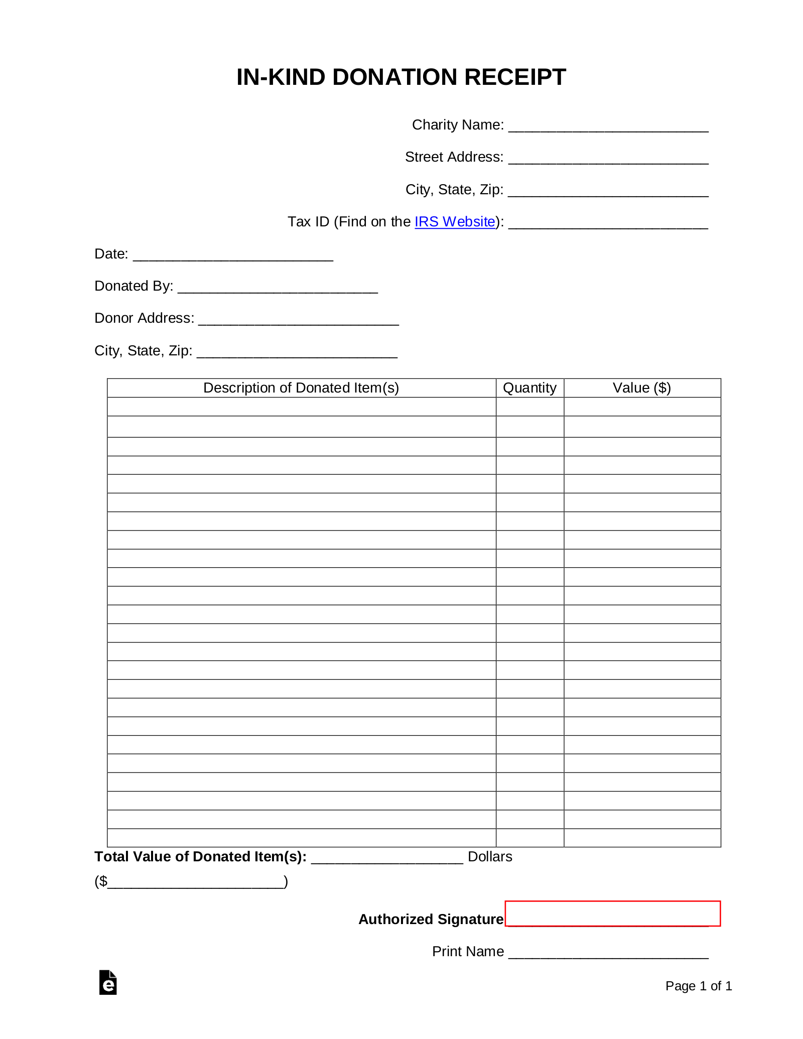 Free In Kind Personal Property Donation Receipt Template PDF 