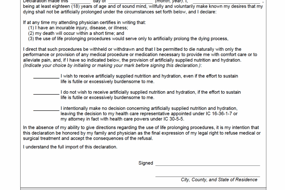 Free Indiana Advance Directive Form PDF