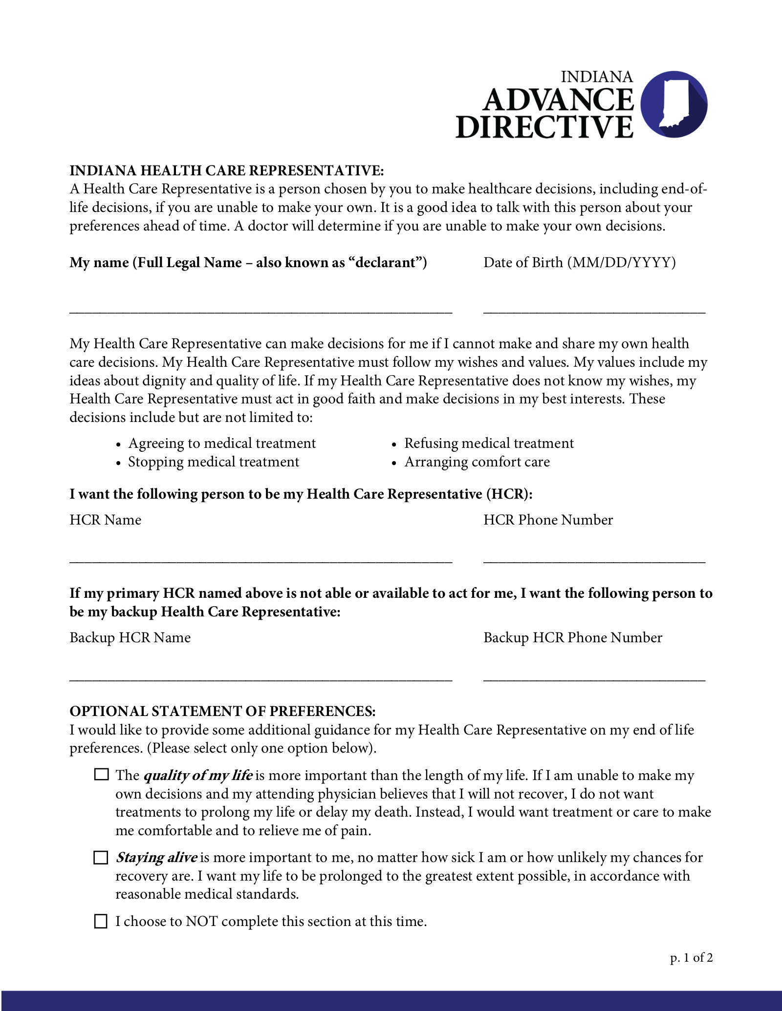Free Indiana Advance Directive Form PDF EForms
