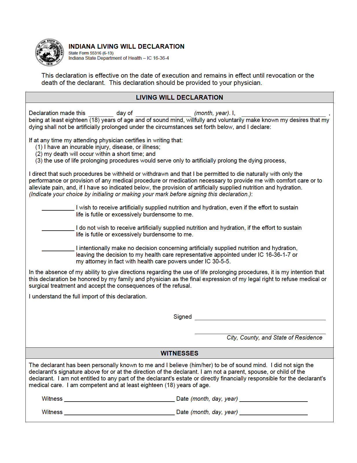 Free Indiana Advance Directive Form PDF