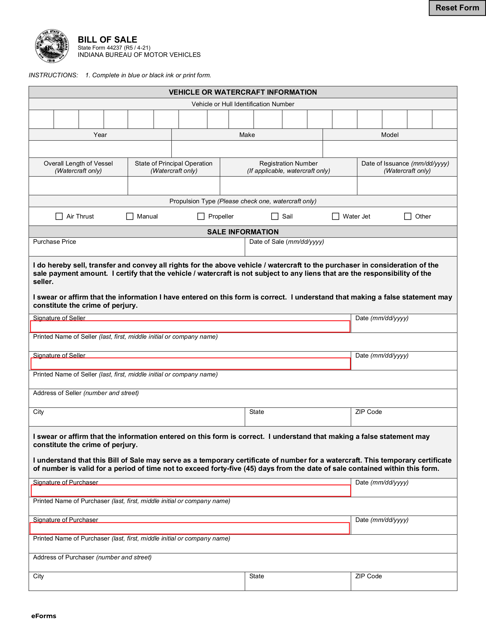 Free Indiana Bill Of Sale Forms 4 PDF EForms