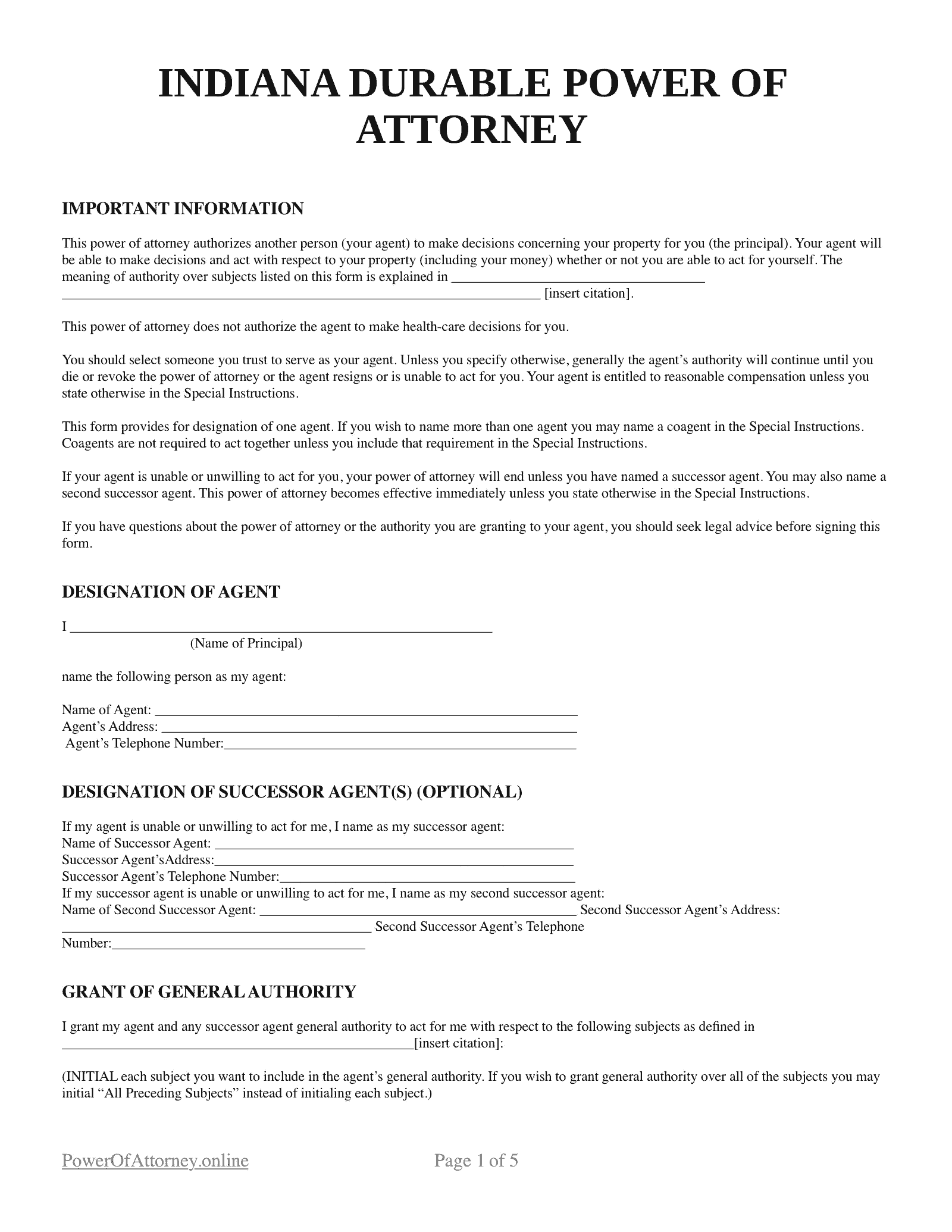 Free Indiana IN Power Of Attorney Forms U0026 Templates PDF