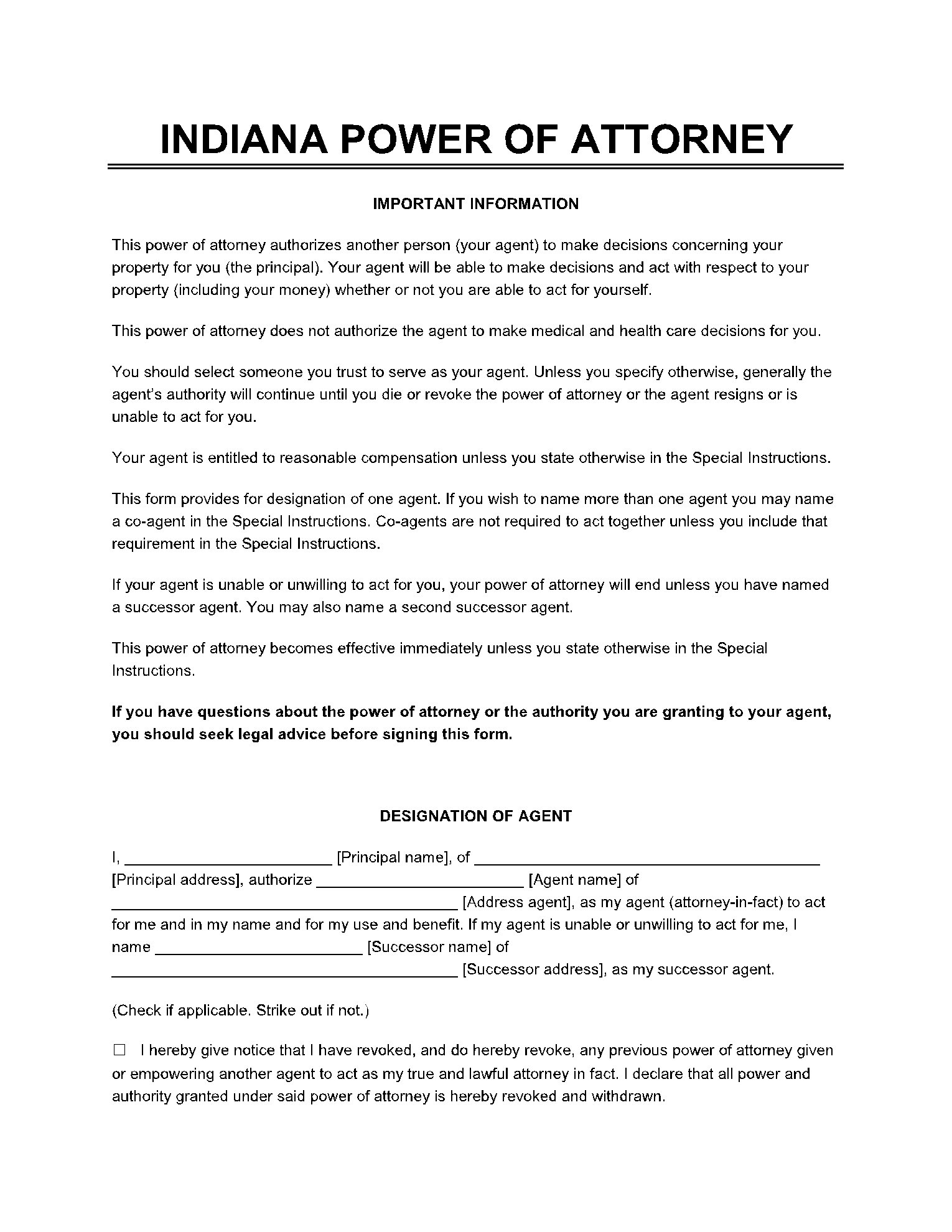 Free Indiana Power Of Attorney Forms PDF CocoSign