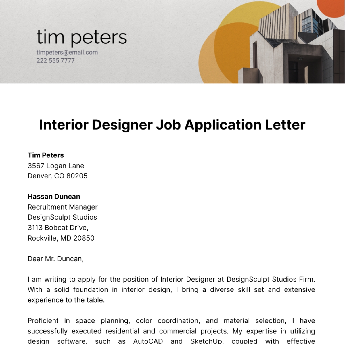 Free Interior Designer Job Application Letter Template To Edit Online
