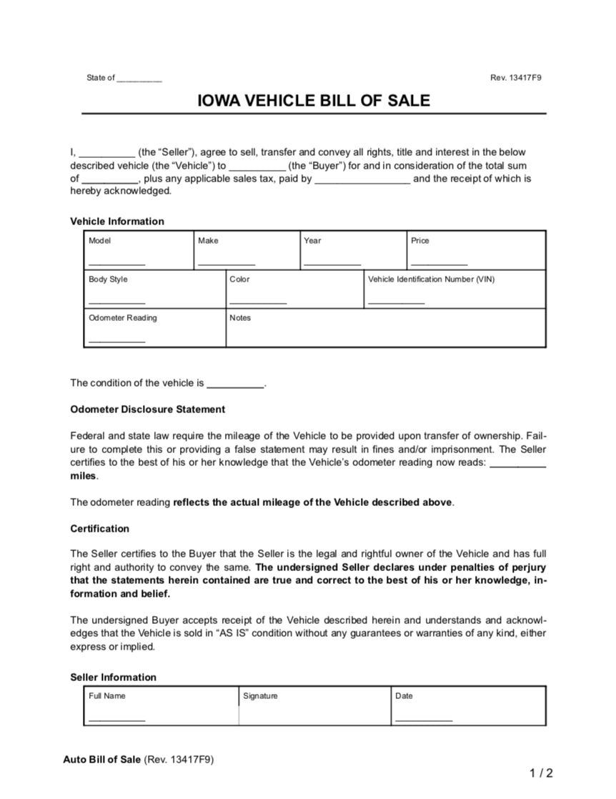 Free Iowa Motor Vehicle Bill Of Sale Form PDF U0026 Word