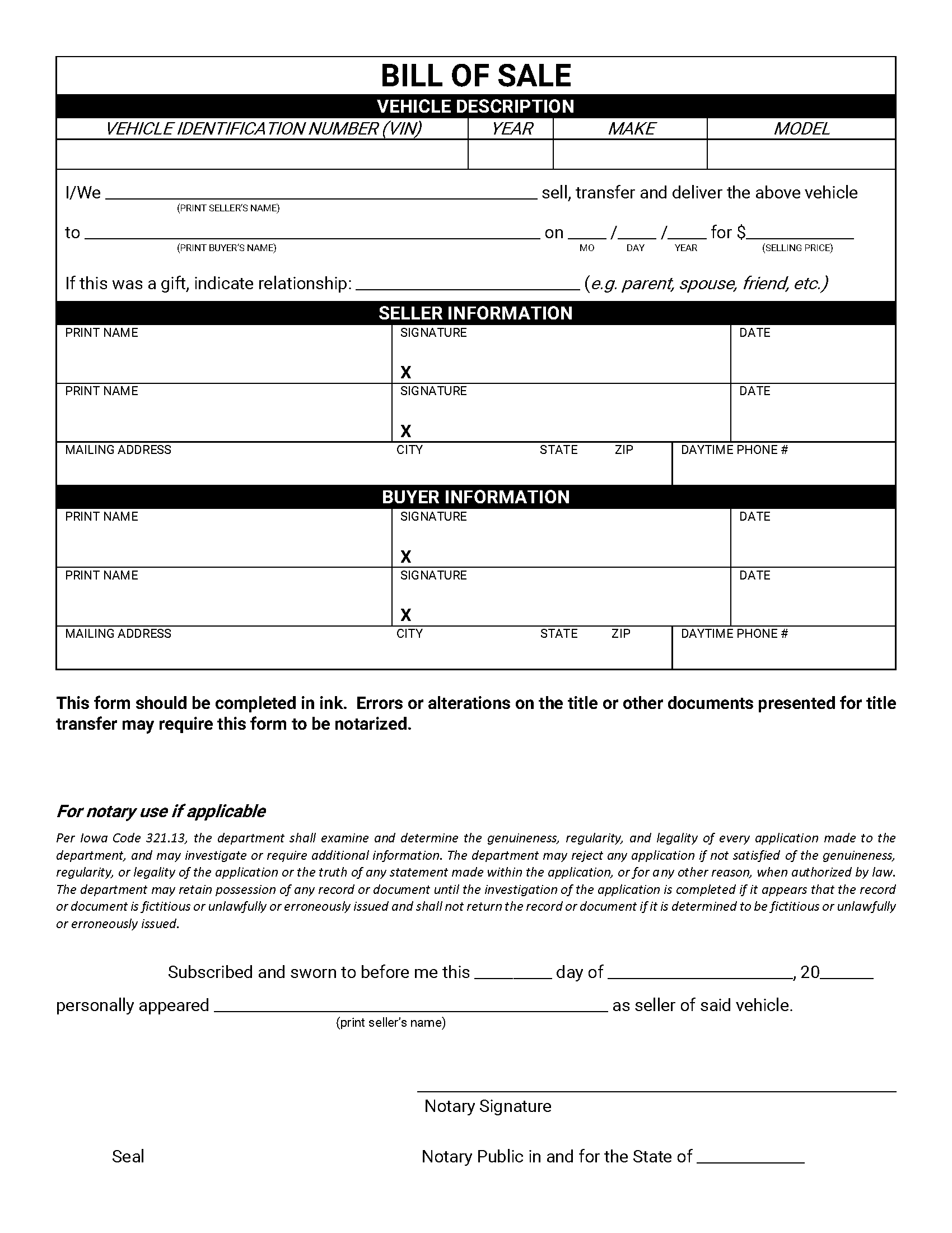 Free Iowa Motor Vehicle Bill Of Sale Form PDF