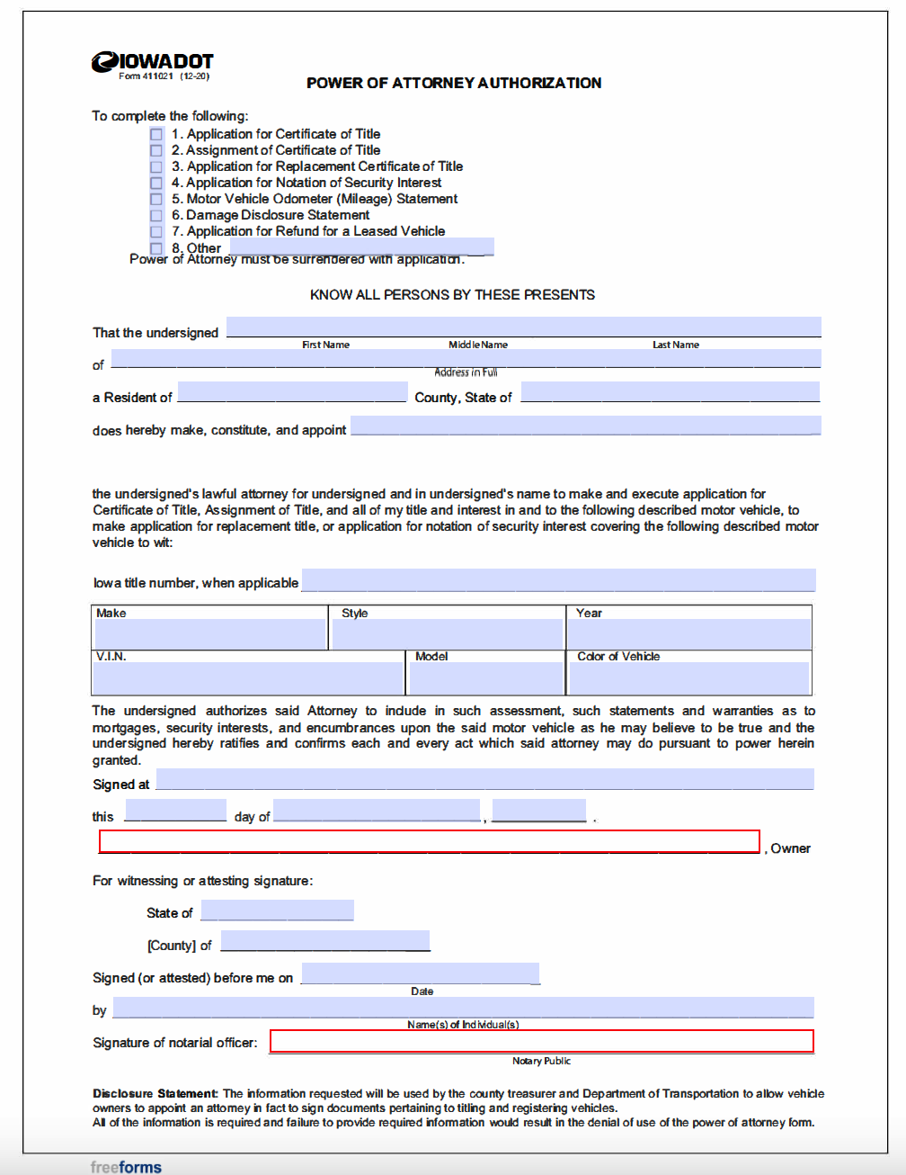 Free Iowa Motor Vehicle Power Of Attorney Form PDF