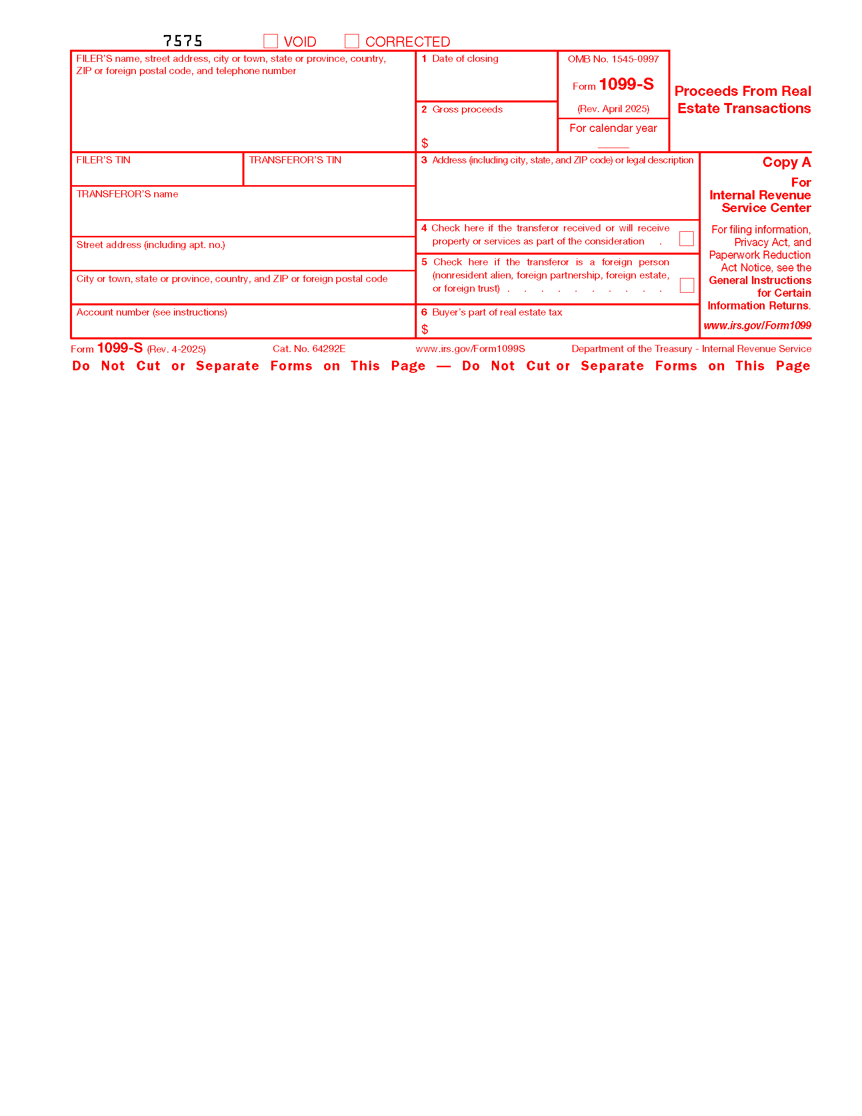 Free IRS 1099 S Form PDF EForms