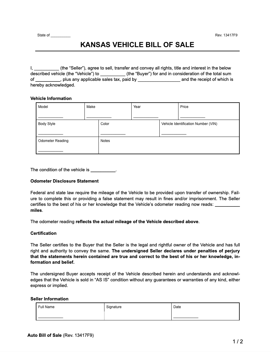 Free Kansas Bill Of Sale Forms PDF U0026 Word Legal Templates