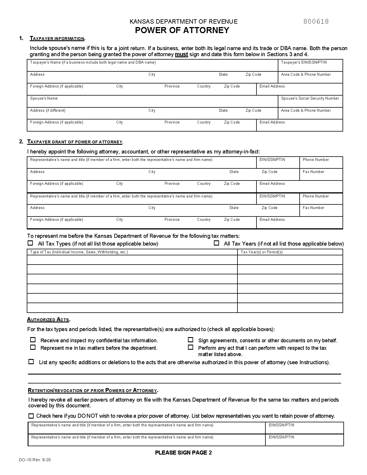 Free Kansas Tax Power Of Attorney Form DO 10 PDF