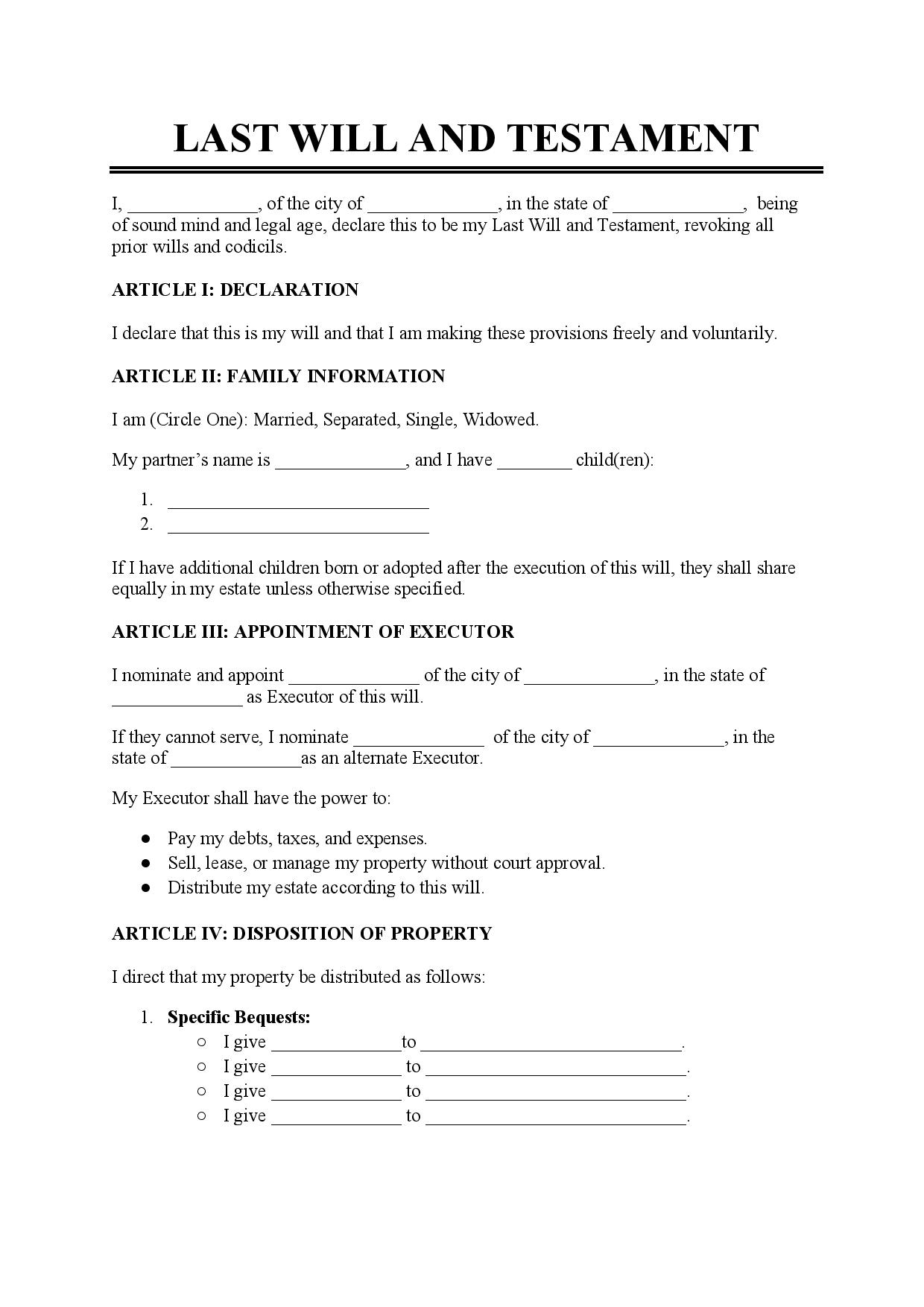 Free Last Will And Testament Template PDF U0026 Word