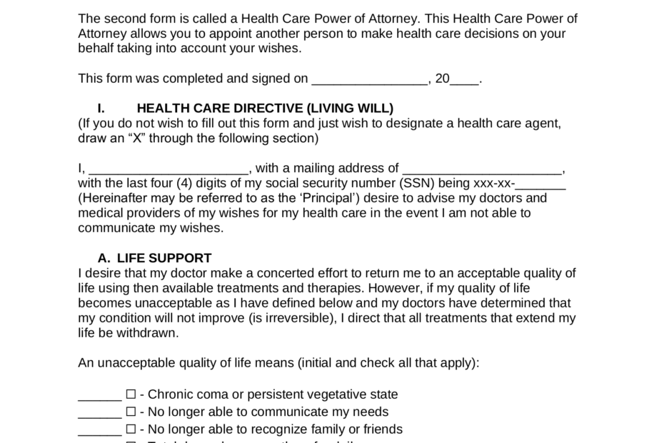 Free Living Will Form Health Care Directive PDF Word EForms
