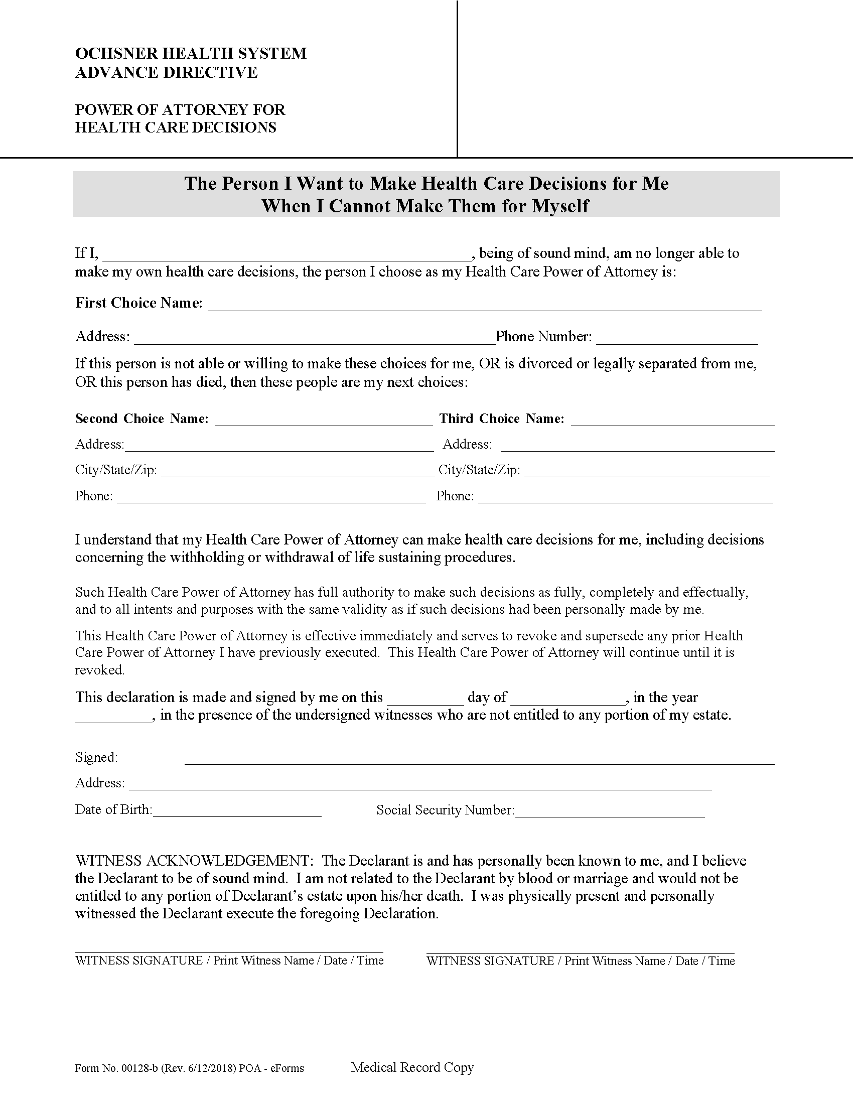 Free Louisiana Advance Directive Form PDF