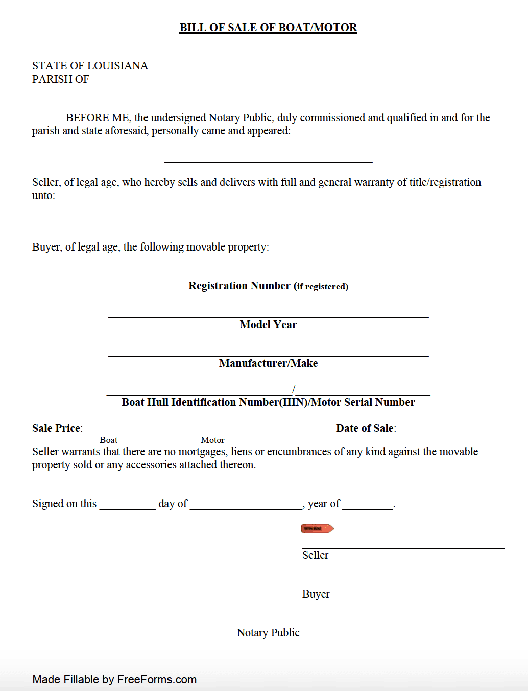 Free Louisiana Boat Vessel Bill Of Sale Form PDF