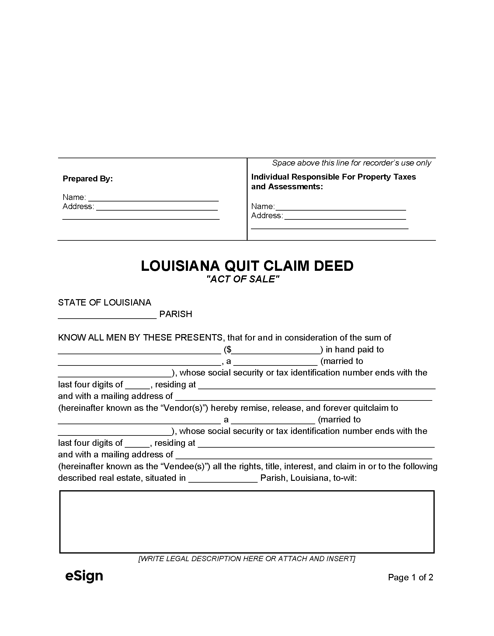 Free Louisiana Quit Claim Deed Form PDF Word