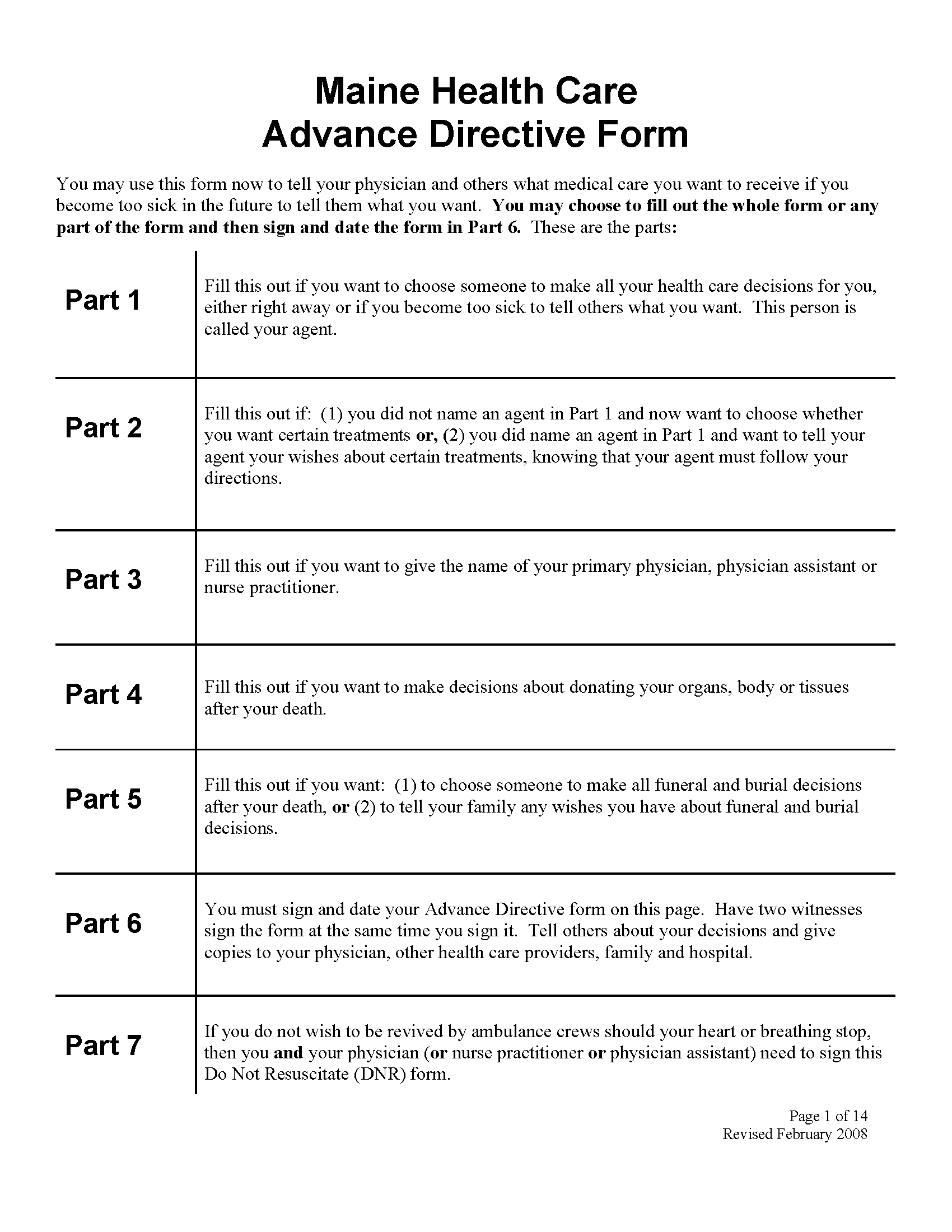 Free Maine Advance Directive Form PDF