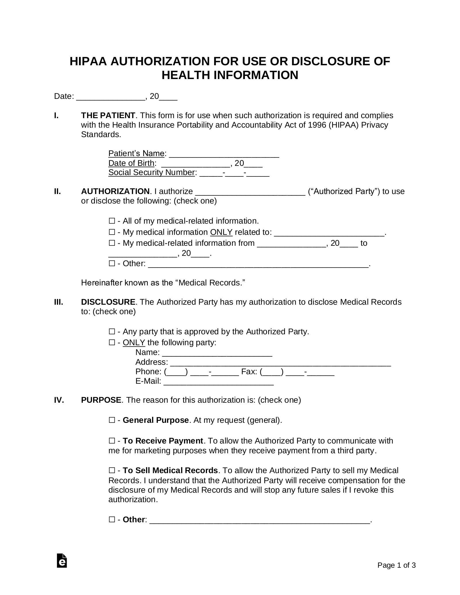 Free Medical Records Release Authorization Form Waiver HIPAA 