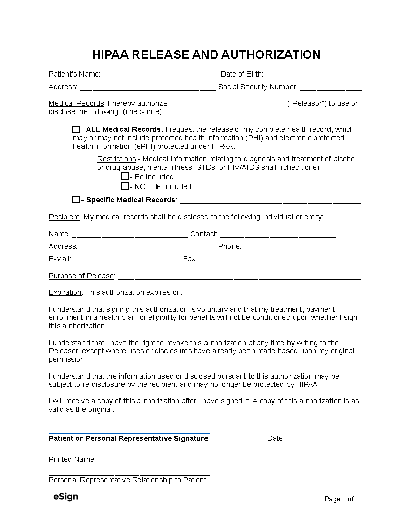 Free Medical Records Release Form HIPAA PDF Word