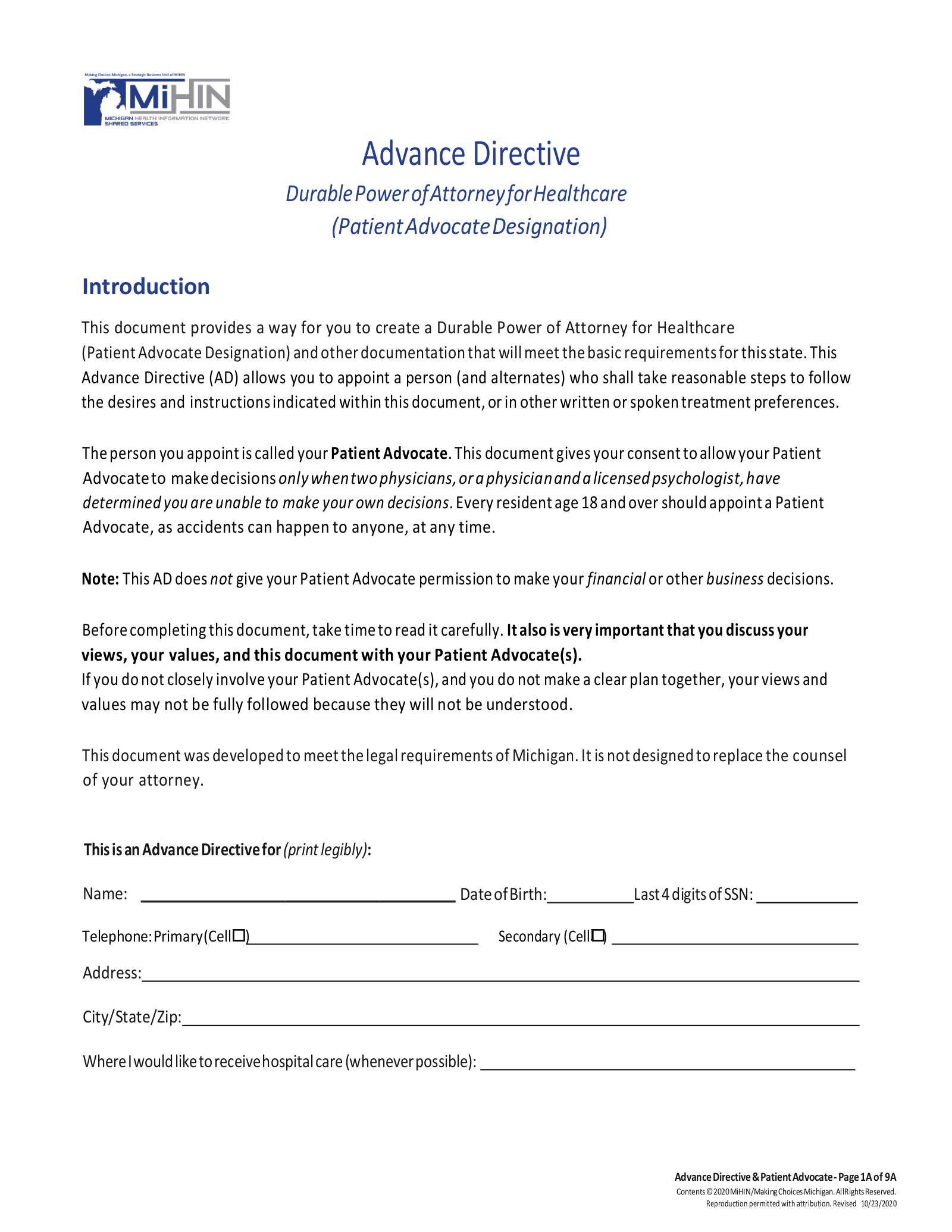 Free Michigan Advance Directive Form PDF EForms